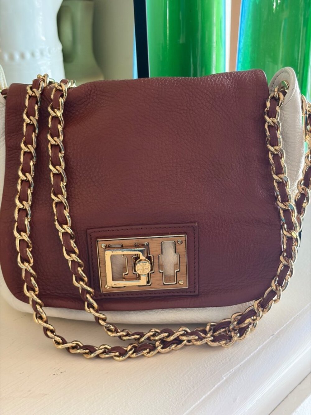 Vintage Tory Burch Leather Convertible Shoulder Chain Link Crossbody Handbag - Picture 3 of 14